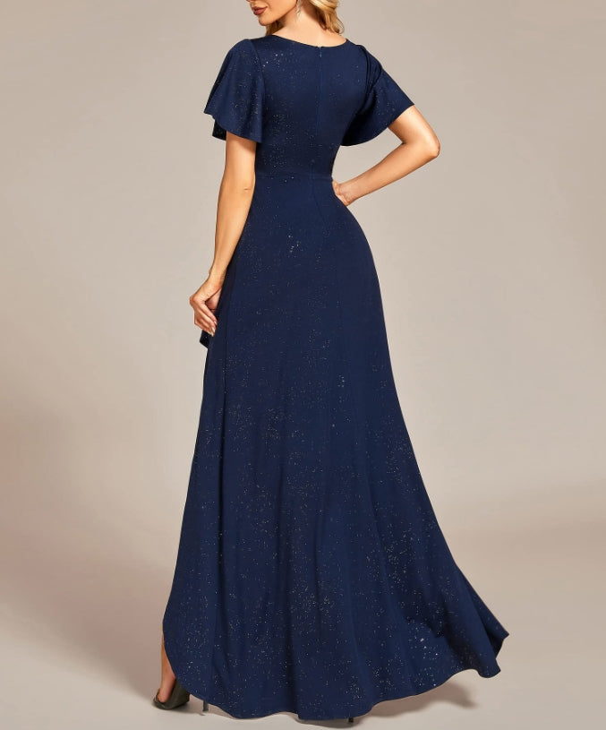 Navy Blue Women's Glitter High Low Ruffled Hem V-Neck Formal Prom Dress with Sleeves